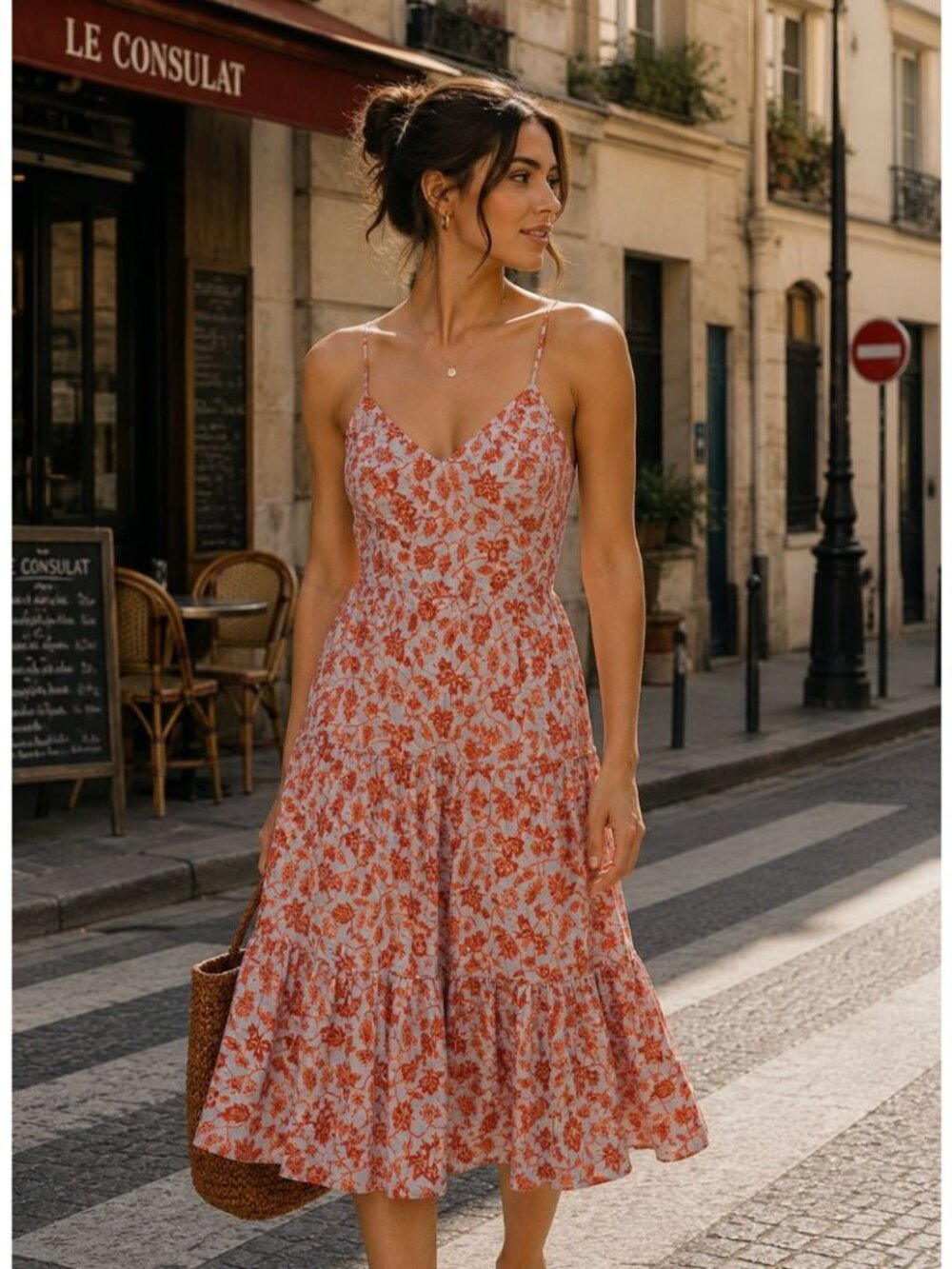 Derek Lam 10 Crosby Floral V-Neck Midi Dress Drop Waist IT 42 Orange Romantic